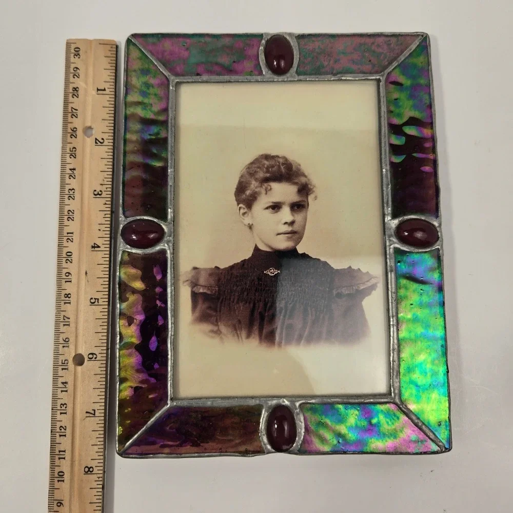 Vintage Iridescent Stained Glass Picture Frame with Burgundy Cabochons 5x7